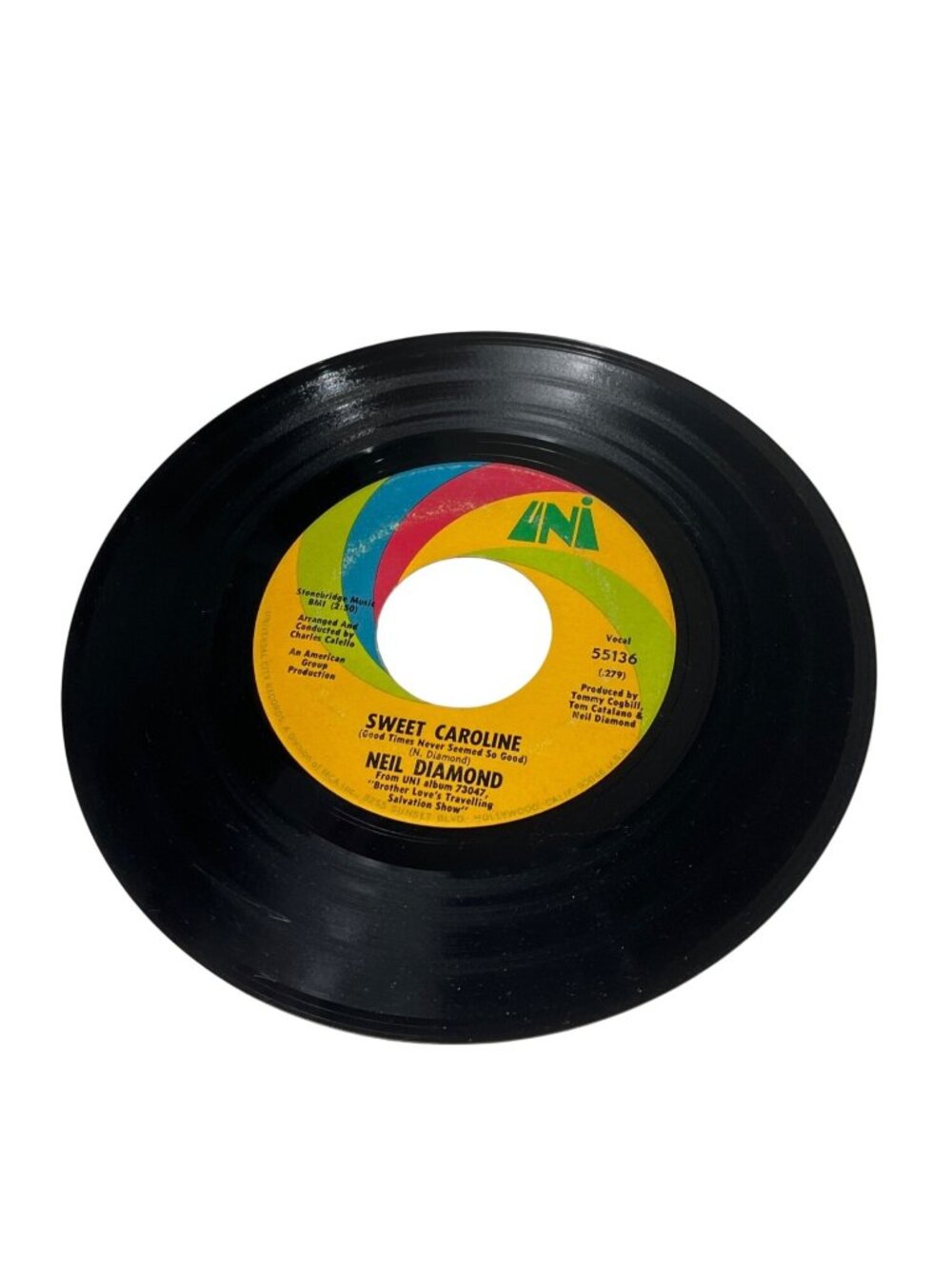 Sweet Caroline / Dig In Vinyl 45 RPM Record By Neil Diamond UNI Records 55136 R2